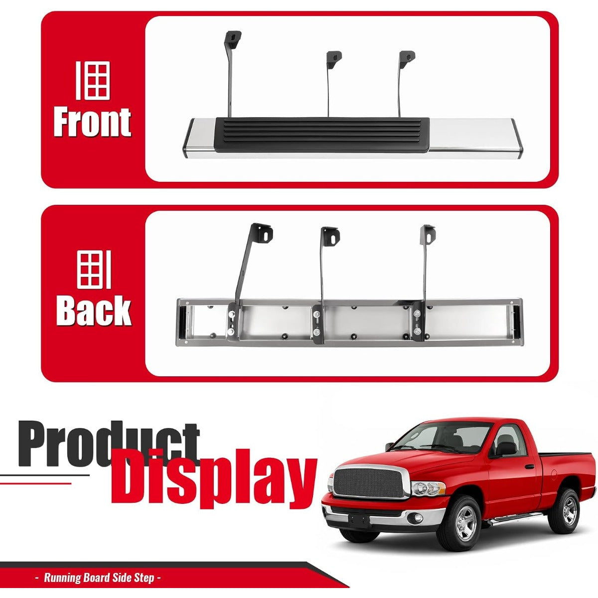 6.5 inch Running Board Side Step Compatible with 2002-2008 Dodge Ram 1500 2500 Regular Cab Step Nerf Bar 304 Stainless Steel+Plastic Powder Coated+Textured Black+Silvery