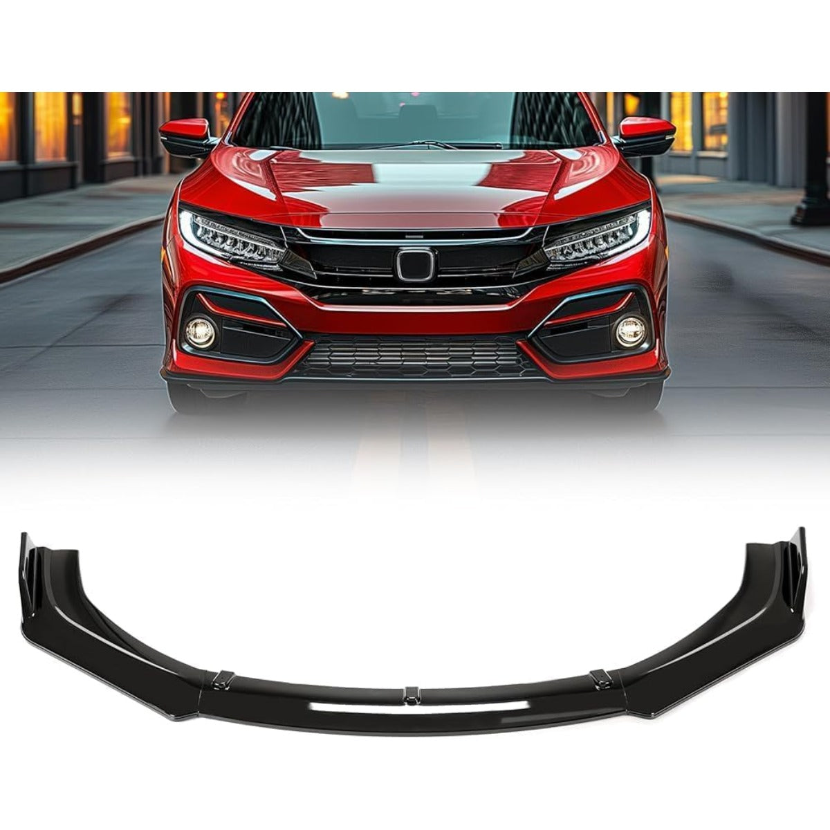 Kojem 3Pcs Front Bumper Lip Compatible with 2016-2021 Honda Civic 10th 4DR Sedan Under Chin Spoiler Plastic (Gloss Black)