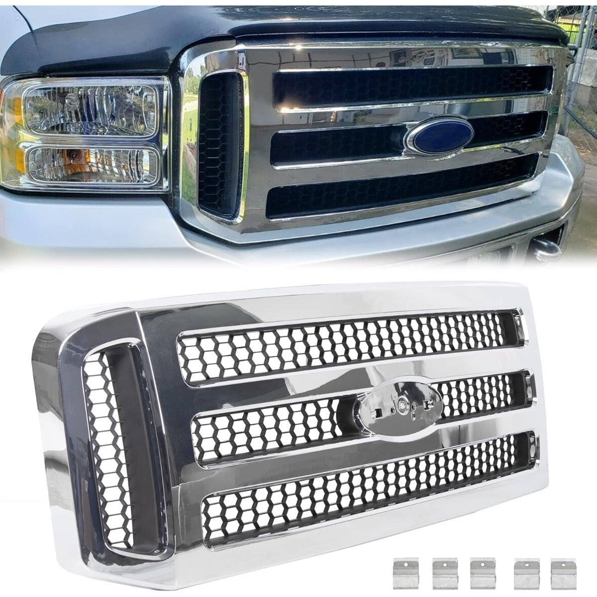 HECASA Front Grille Compatible with 2005-2007 Ford F250 F350 F450 F550 SuperDuty FO1200456 5C3Z8200BAA Upper Bumper Hood Grill W/Gray Honey Comb Chrome