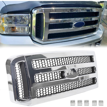 HECASA Front Grille Compatible with 2005-2007 Ford F250 F350 F450 F550 SuperDuty FO1200456 5C3Z8200BAA Upper Bumper Hood Grill W/Gray Honey Comb Chrome