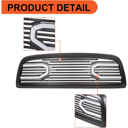 Front Bumper Grill Compatible with 2009-2012 Dodge Ram 1500 Hood Grille Replacement Shell (Black, W/Light)