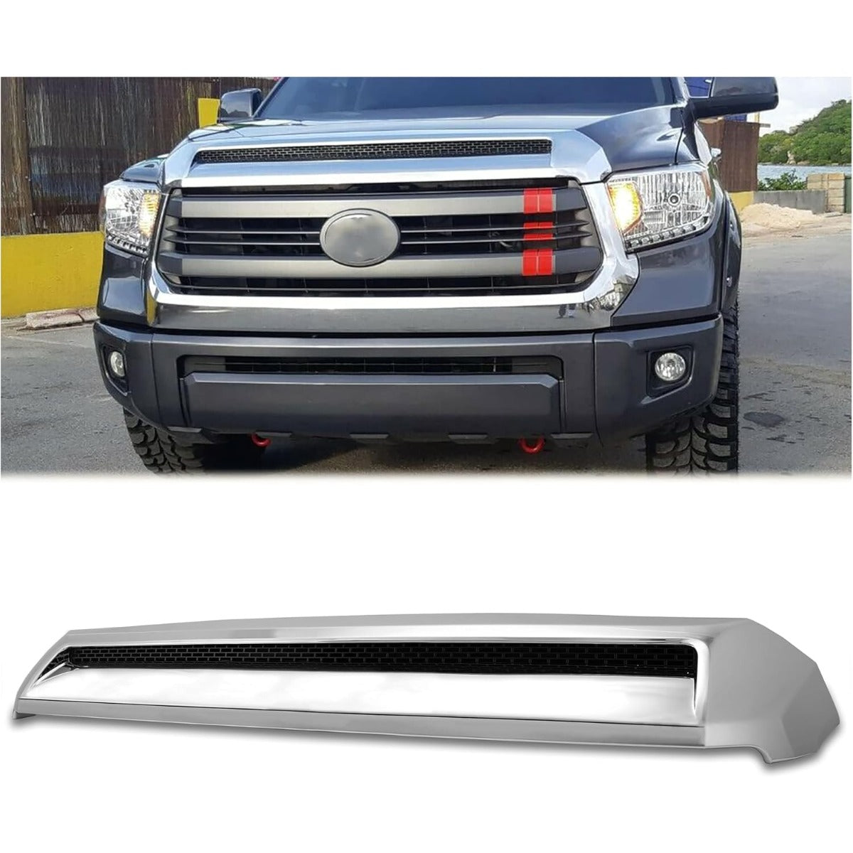 Hood Molding Compatible with 2014-2021 Toyota Tundra Hood Scoop Chrome Platinum  LYAP-075T-CStyle Silver Front Upper Grille Replacement for 761800C030 TO1231102 REPT133702