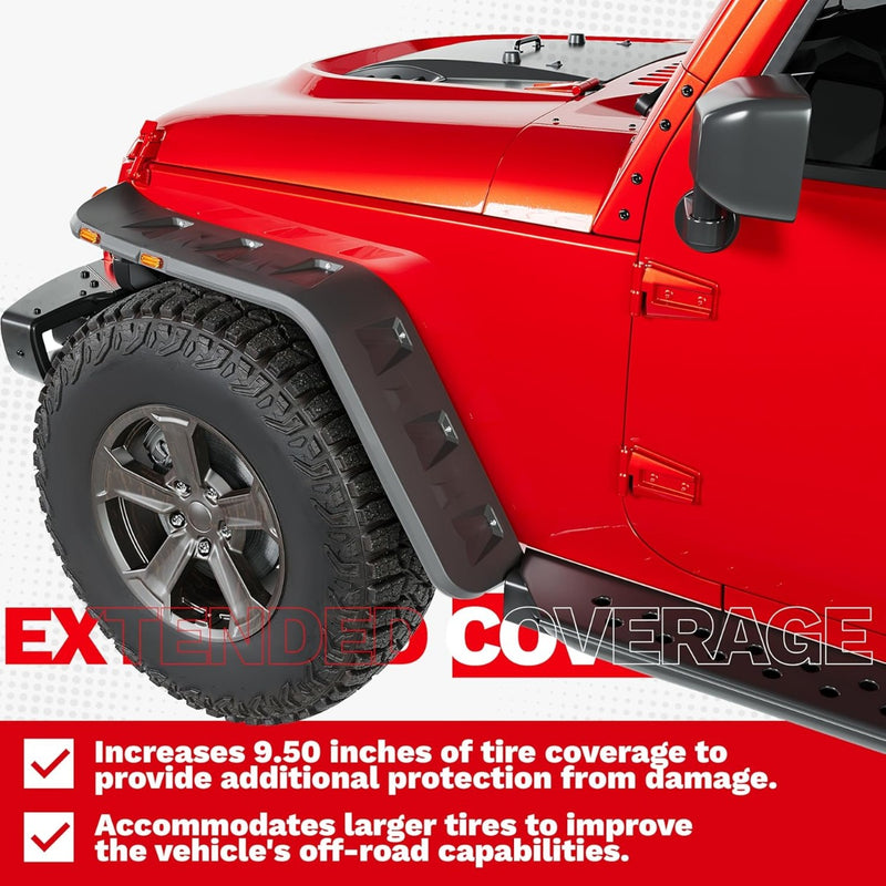 Fender Flares w/LED Side Maker Compatible with 2007-2018 Jeep JK Wrangler 2/4 Door Model Unlimited Rubicon Unlimited, Pocket-Riveted Style Smooth Matte Black Wheel Flares Cover 4Pcs LYAP-197