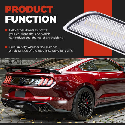 HECASA Side Marker Light Compatible with 2015-2023 Ford Mustang Rear Side Marker Lamp Reflector Left & Right Replacement for FR3Z15A201A FR3Z15A101A Clear Lens White LED