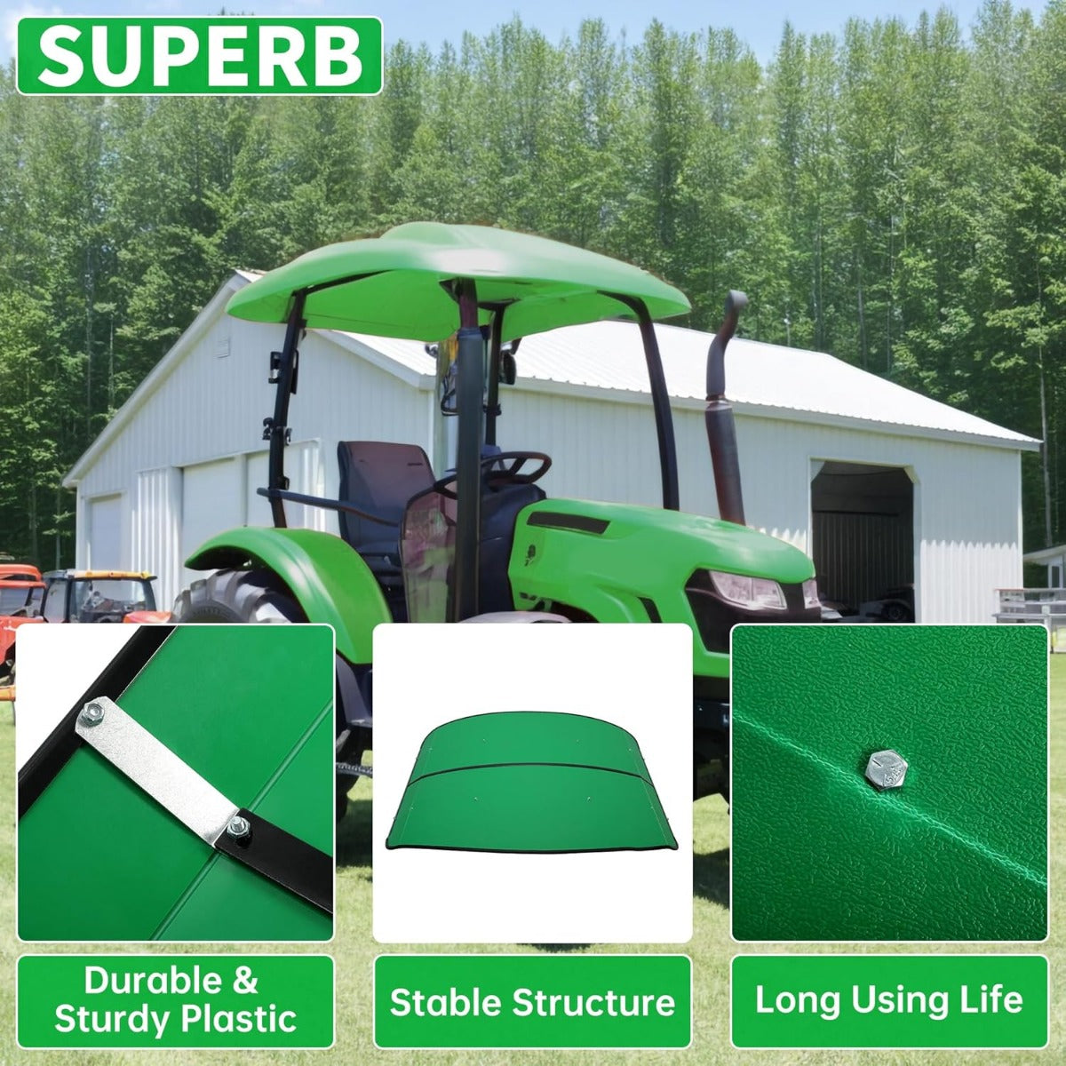 Green Tractor Canopy Compatible with All ROPS 48-3/8 Inches X 48-3/8 Inches Equipped Tractors and Mowers with a 2 Inches x 2 Inches or 2 Inches x 3 Inches ROPS (Will Add About 4 Inches to The Height of The Tractor) LYJD-031S-1