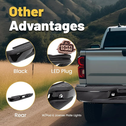 Rear Step Bumper Compatible with 1999-2007 Chevy Chevrolet Silverado GMC Sierra 1500 2500 Classic Face Bar W/License Plate Lights Replace for GM1103122 12496085 GM1103124 Powder Coated Black LYAM-273T-2