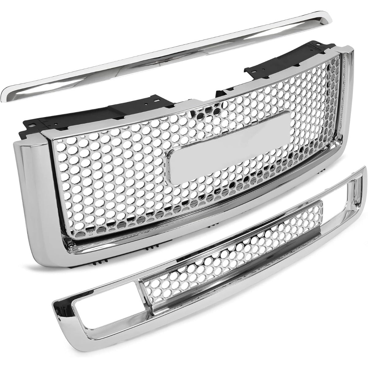 Grille 3PCS Compatible with 2007-2013 GMC Sierra 1500 Denali Round Hole Mesh Front Hood Molding Top & Upper & Lower Grill Front Bumper Center Grill Chrome Silvery