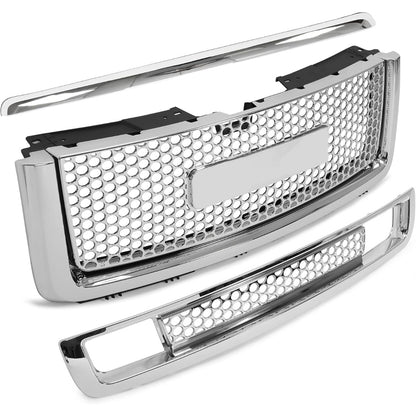 Grille 3PCS Compatible with 2007-2013 GMC Sierra 1500 Denali Round Hole Mesh Front Hood Molding Top & Upper & Lower Grill Front Bumper Center Grill Chrome Silvery