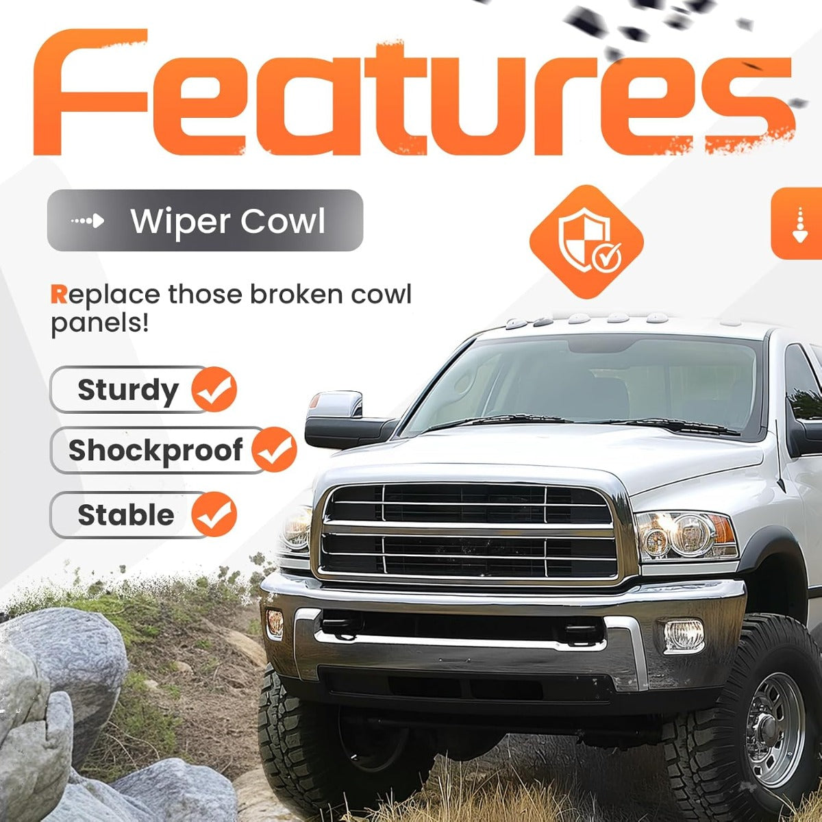 Windshield Wiper Cowl Panel Grille Compatible with 09-18 Ram 1500 | Compatible with 2009-2018 Dodge Ram 1500 2500 3500 & 2019-2024 Ram 1500 Classic; Replacement for 55112305AB 55112305AC