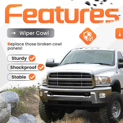 Windshield Wiper Cowl Panel Grille Compatible with 09-18 Ram 1500 | Compatible with 2009-2018 Dodge Ram 1500 2500 3500 & 2019-2024 Ram 1500 Classic; Replacement for 55112305AB 55112305AC