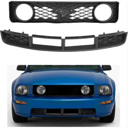 Front Bar Upper & Lower Grills 2Pcs Compatible with 2005-2009 Ford Mustang GT Plastic(PP) Bumper Black Grille w/Round Light Holes Replacement for FO1200422 FO1036114 6R3Z8200BA 7R3Z17K945BA