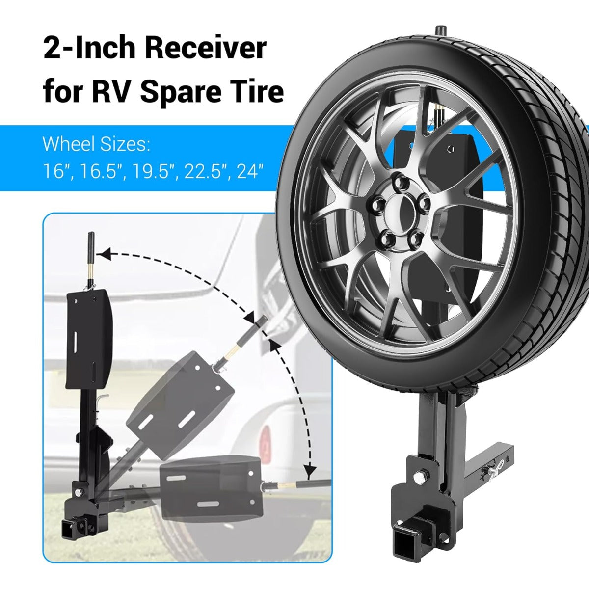 RV Spare Tire Carrier for 16" 16.5" 19.5" 22.5" and 24" RV Motorhomes Wheels 2 Inch Receiver Mount, 10,000-pound Capacity, 400-pound Tongue Weight