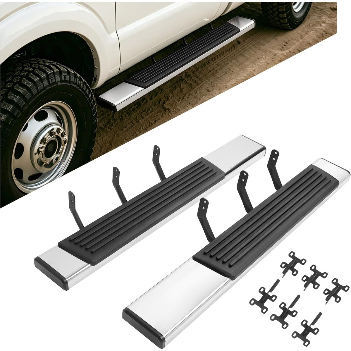 Side Steps Compatible with 1999-2016 Ford F-250 F-350 F-450 Super Duty Regular Cab Running Boards Nerf Bars 304 Stainless Steel+Steel+Plastic Silvery+Black