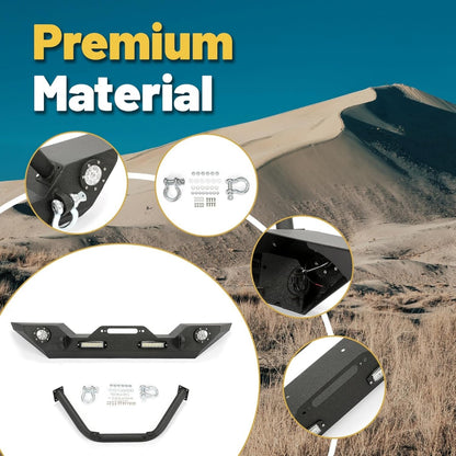 Front Bumper Compatible with 2007-2025 Wrangler Unlimited JL/JLU & Gladiator JT, 2007-2018 JK Front Bumper Rock Crawler Winch Plate W/Winch Plate & 2 18W LED Lights D-rings LYAM-302S