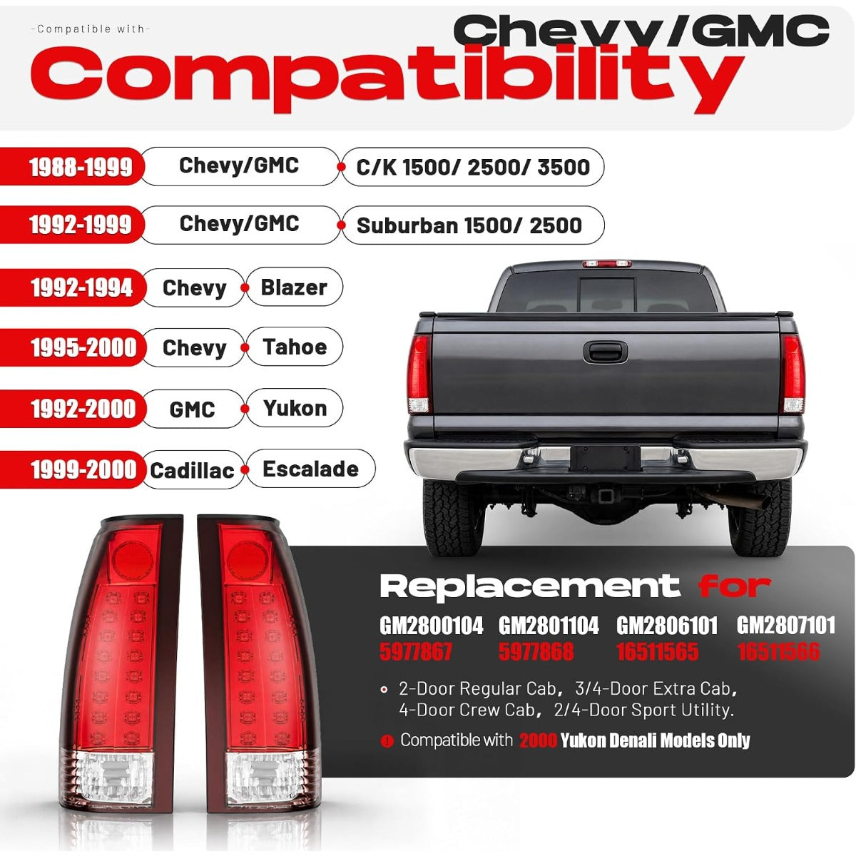 HECASA LED Tail Lights Compatible with 1988-2000 Silverado Suburban C/K