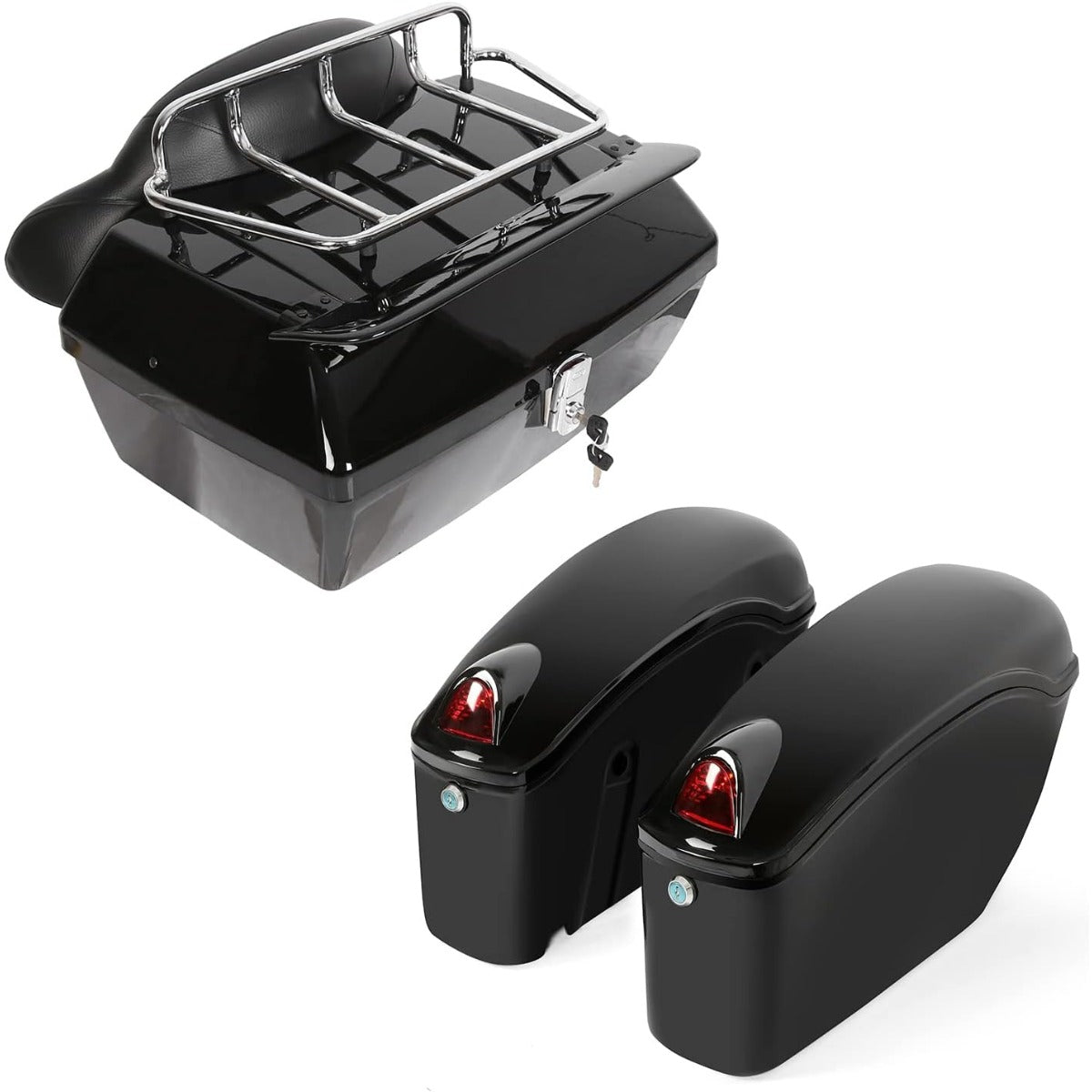 Black Universal Hard Saddle Bag Trunk Tail Box w/Top Rack & Backrest & Tail Light for Yamaha Cruiser