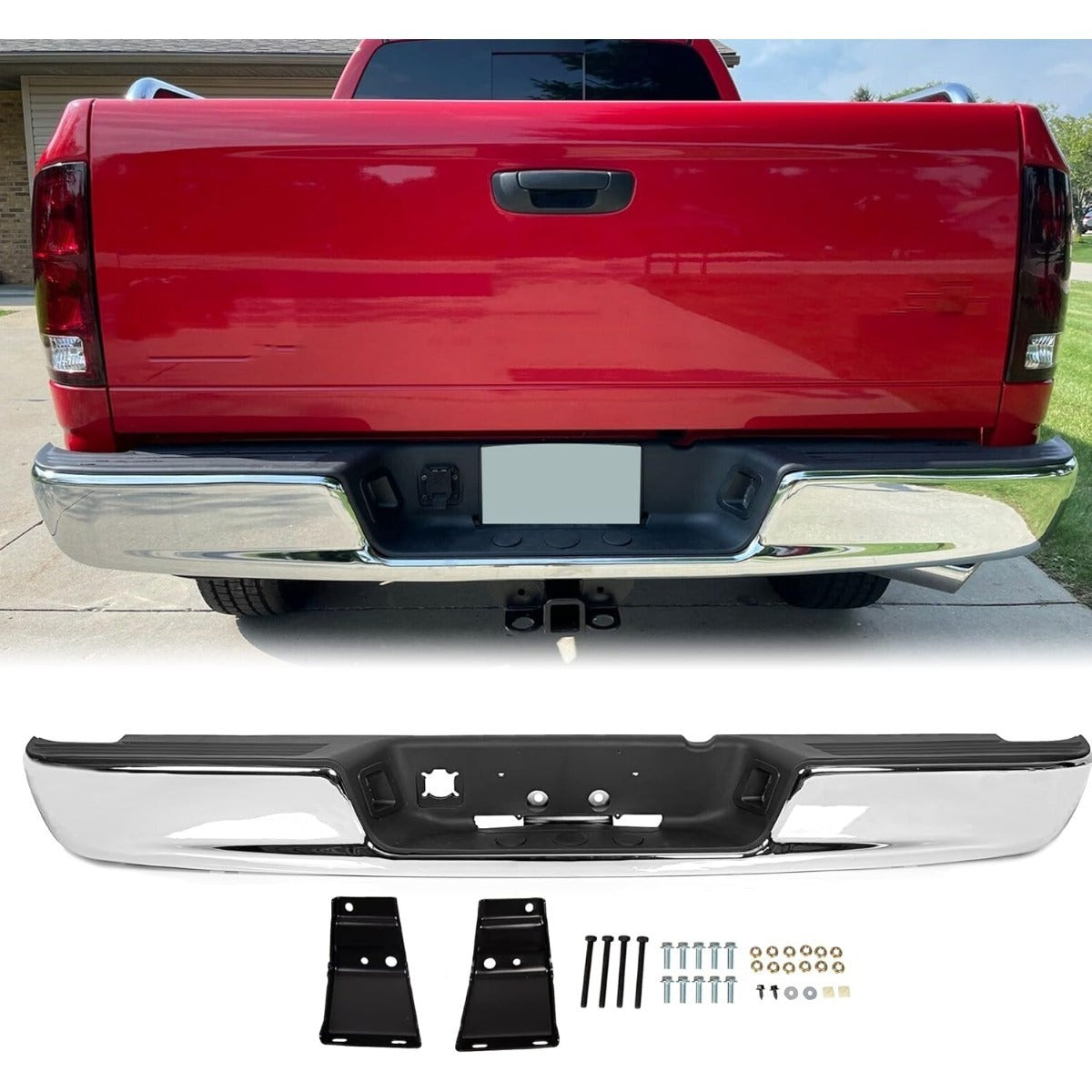 Rear Step Bumper Assembly Compatible With 2002-2008 Dodge Ram 1500 2003-2009 Ram 2500 3500 Replace for CH1103111 CH1103108 W/Top Pads & & license Plate lamp Chrome