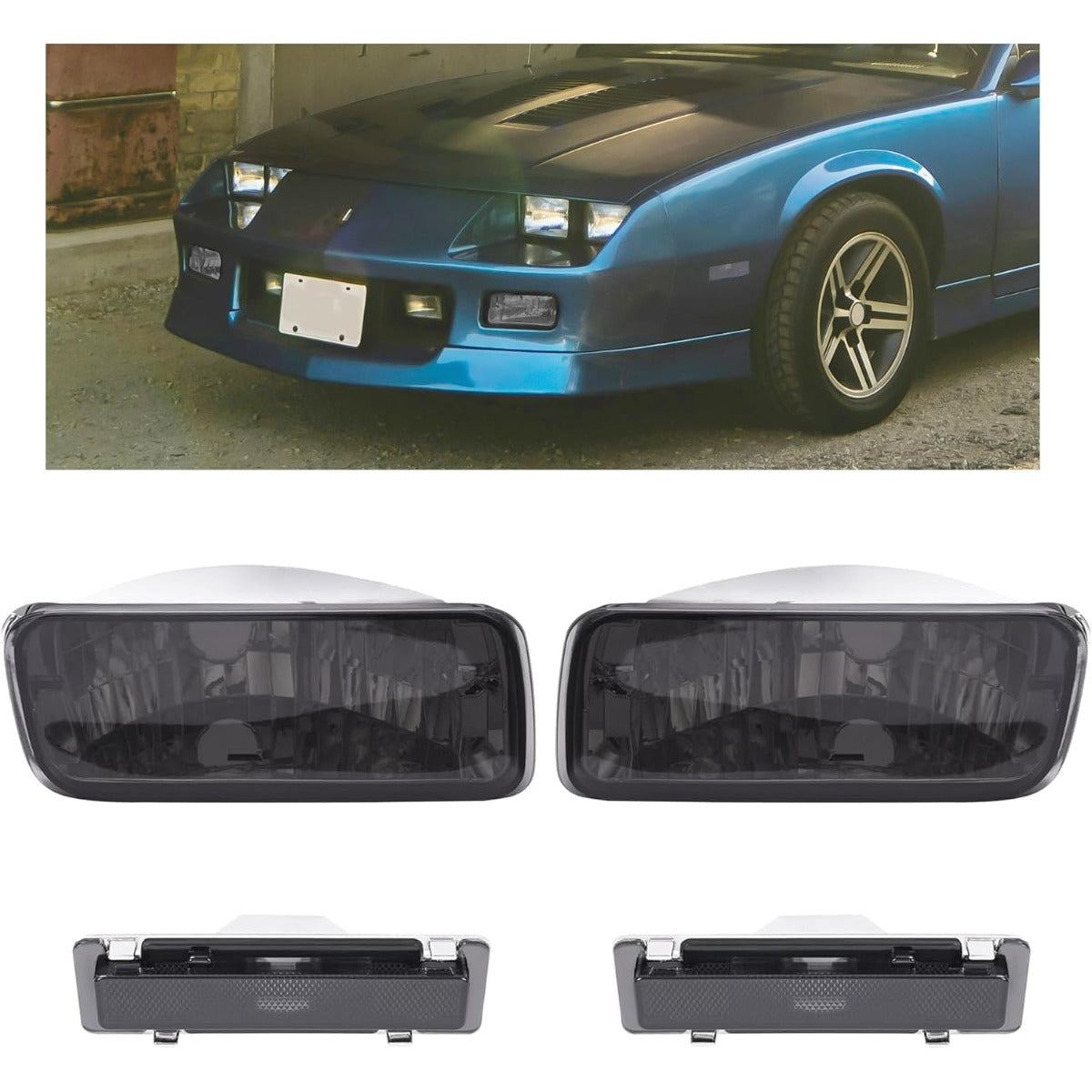 HECASA Turn Signal + Side Marker Light Compatible with 1985-1992 Chevy Chevrolet Camaro Parking Bumper Signal Lamp Left & Right Replacement for GM2520165 GM2521165 - Smoke Lens 4 Pcs