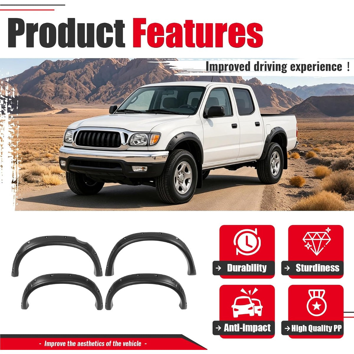 4Pcs Fender Flares Set Compatible with 1995-2004 Toyota Tacoma Pickup Models Wheel Front & Rear Wheel Arch Cover Protector Plastic(PP) Textured Black