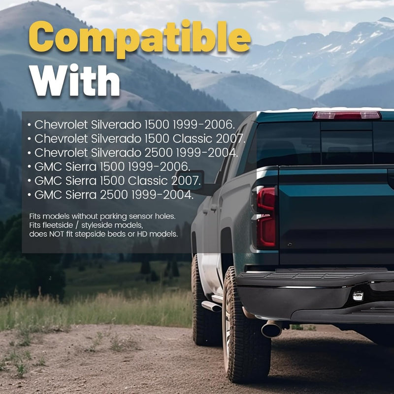 Rear Step Bumper Compatible with 1999-2007 Chevy Chevrolet Silverado GMC Sierra 1500 2500 Classic Face Bar W/License Plate Lights Replace for GM1103122 12496085 GM1103124 Powder Coated Black LYAM-273T-2