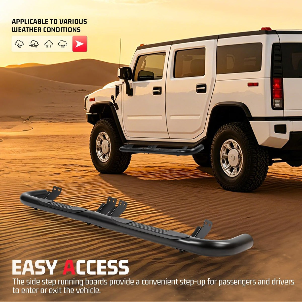 ALMULOO Side Step Compatible with 2003-2010 Hummer H2 / H2 SUT | Running Boards Step Bars Steel+409 Stainless Steel+Plastic Powder Coated Black