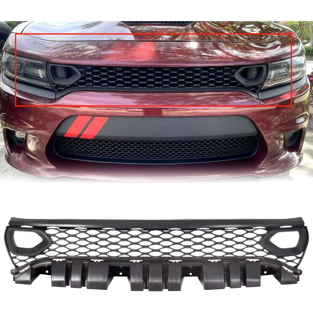 Front Upper Grille Assembly Compatible With 2015-2023 Dodge Charger SRT SXT Pursuit R/T SE GT Scat Pack Daytona Replacement for 68417502AA Mesh Grill W/ 2 Side Bezels LYAP-335-3
