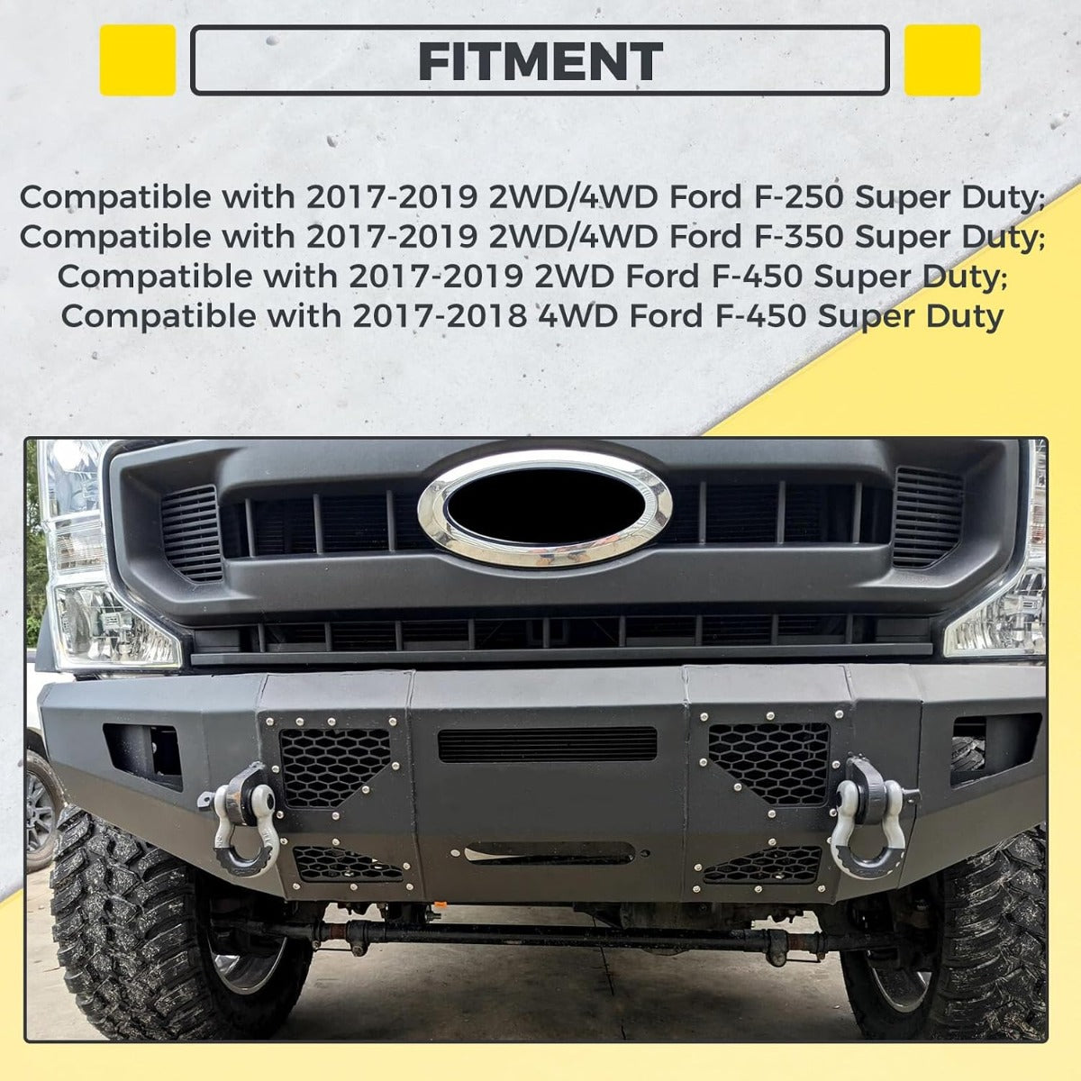 KUAFU Front Bumper Compatible with 2017-2019 Ford F250 F350 F450 Super Duty W/LED Light Winch Mounting Plate D-Rings 3 Piece Bumper Assembly Steel Powder Coated Black(2 Packages)