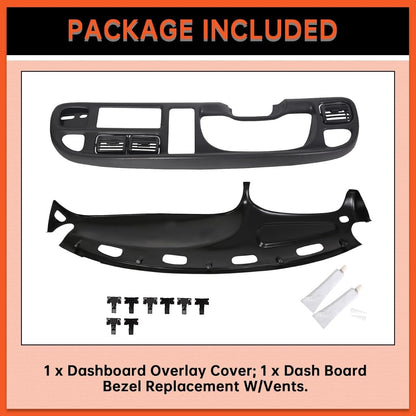 Dash & Bezel Cover Compatible with 1998-2002 Dodge Ram 1500 2500 3500 Trucks Black Dash Pad Cap Bezel W/Vents & Grey Dashboard Overlay Cover Instrument (You Will Receive 2 Packages) LYAP-299S-2+LYAP-267T-2