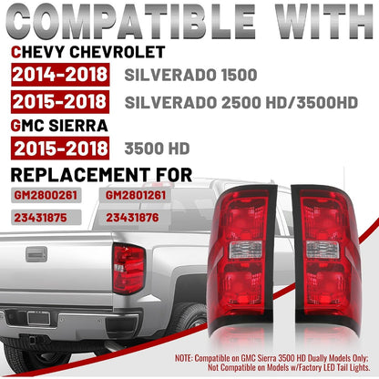 HECASA Tail Lights Assembly Compatible with 2014-2018 Chevy Chevrolet Silverado 1500/2500/3500 HD GMC Sierra 3500 HD Dually Model Replace for GM2800261 Brake Lamps Red Lens & Chrome Housing Pair