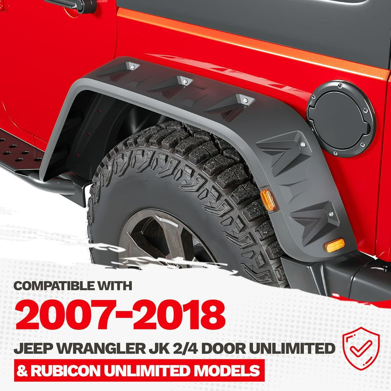 Fender Flares w/LED Side Maker Compatible with 2007-2018 Jeep JK Wrangler 2/4 Door Model Unlimited Rubicon Unlimited, Pocket-Riveted Style Smooth Matte Black Wheel Flares Cover 4Pcs LYAP-197