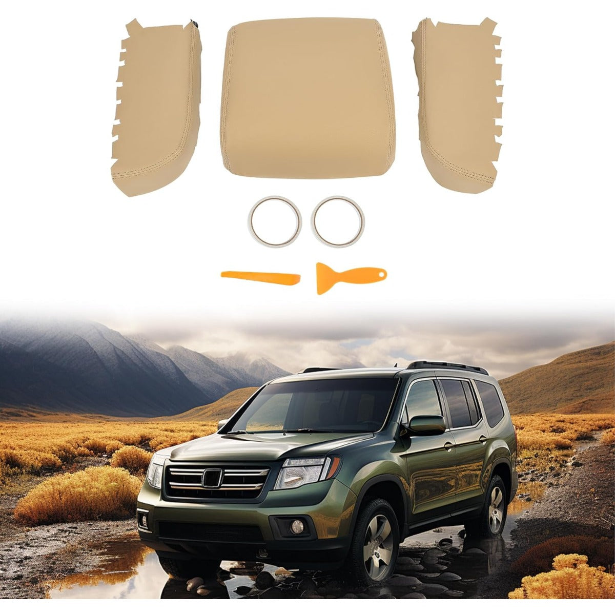 KUAFU Center Console Armrest Cover & Door Armrest Cover Compatible with 2009-2015 Honda Pilot Console Lid Cover Front Door Panel Armrest Cover - Beige
