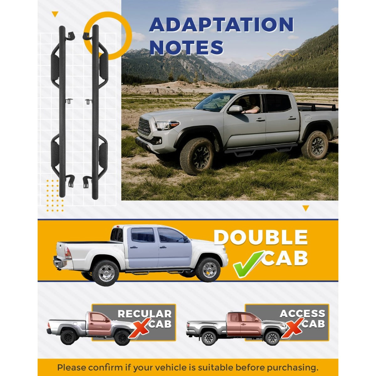 ECOTRIC Running Boards Compatible with 2005-2023 Toyota Tacoma Double Cab with 4 Full Size Nerf Bars Door Dropped Side Steps Hoop (Matte Black)