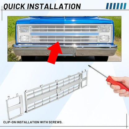 Front Grille Grill & Headlight Bezel Compatible with 1985-1988 Chevy C10/C20/C30/K5/K10/K20/K30/R10/R20/R30/V10/V20/V30 Blazer Suburban 15598727 15598728 GM1200140 GM2513126 Chrome