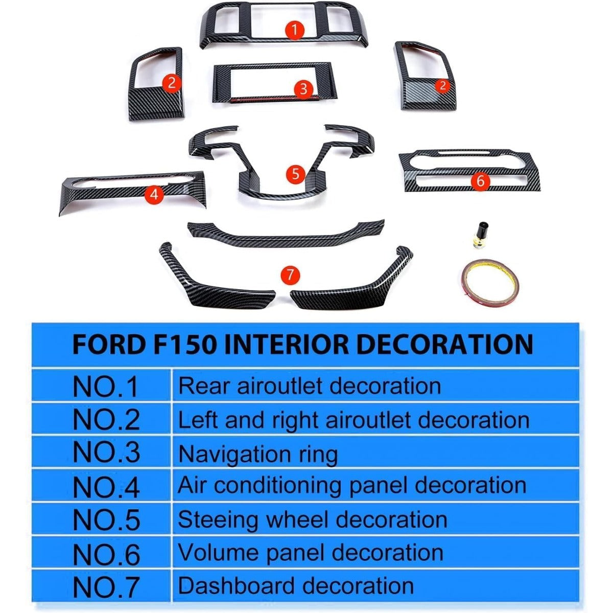 Kojem Interior Center Console Dashboard Trim Compatible with 2015-2020 Ford F150 Steering Carbon Fiber Style Wheel Trim & Navigation Panel Cover