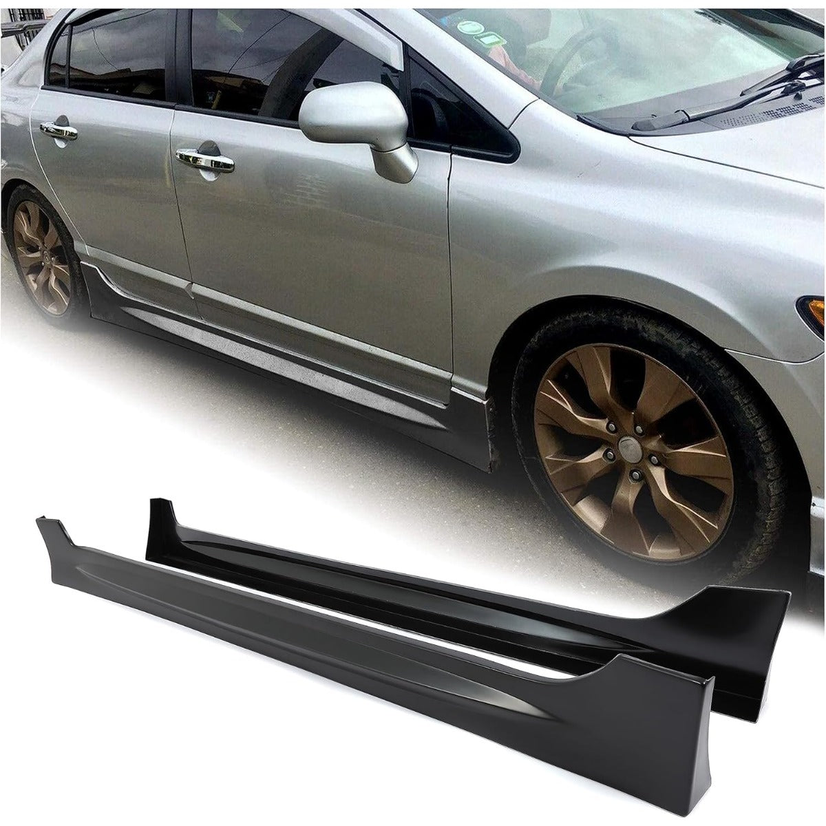 Side Skirts Extension Replacement Compatible with 2006-2011 Honda Civic 4 Door Sedan Black Bottom Side Line Rocker Panels Guard Body Kit RR Style