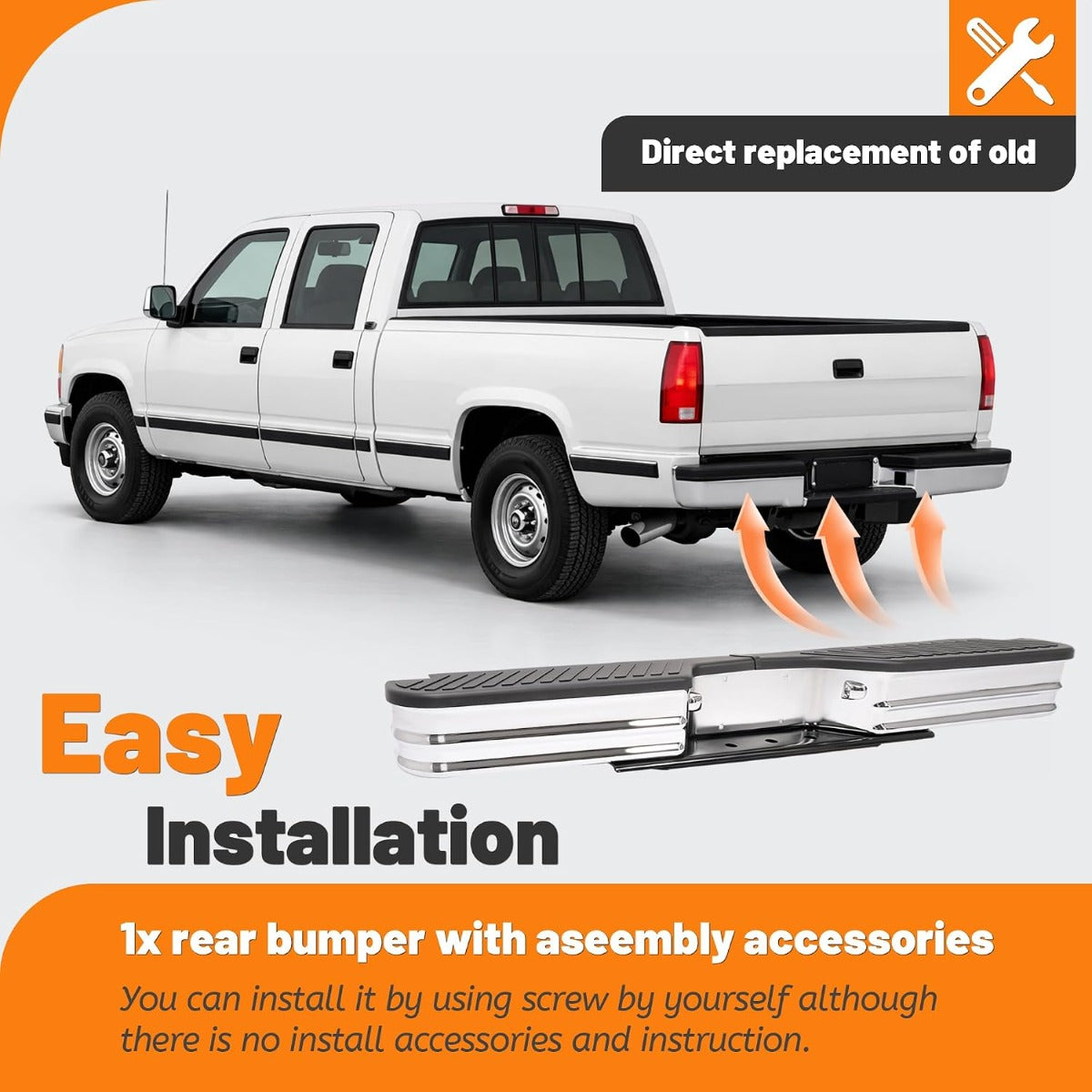 KUAFU Rear Bumper Compatible with 1967-1991 Chevy Chevrolet GMC C/K Fleetside,1972-1993 Dodge Fleetside Ram charger 1967-1998 Ford Bronco F250 F350HD Super Duty F-Series Styleside Silvery