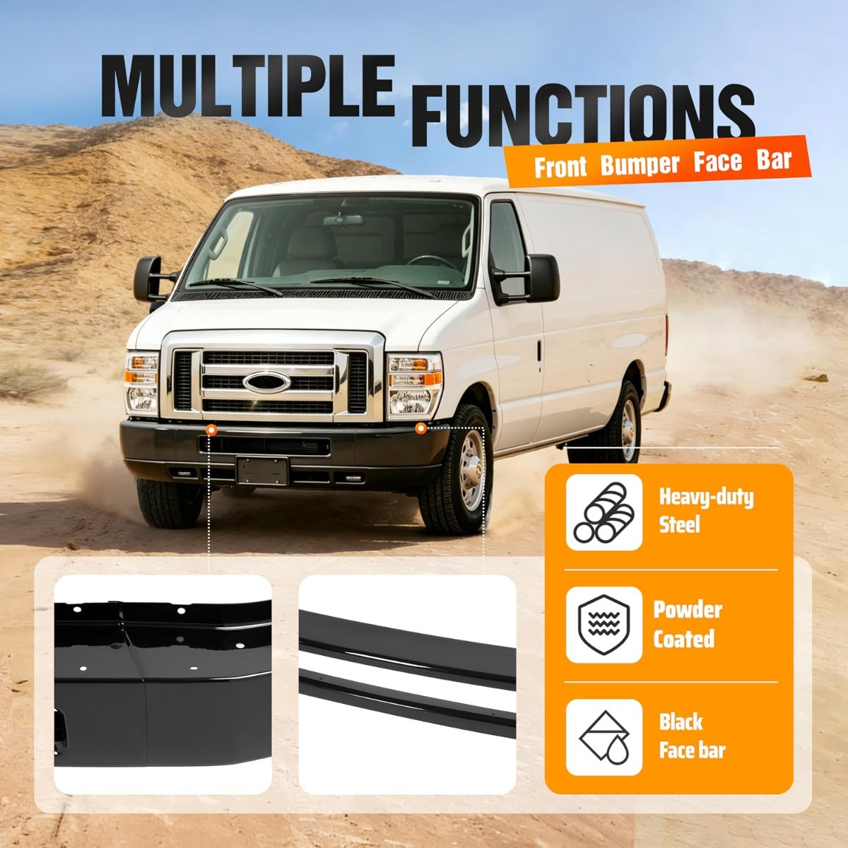 ALMULOO Front Bumper Face Bar Compatible with 2008-2014 Ford E-150/Ford E-250 and 2008-2019 Ford E-350 Super Duty/E-450 Super Duty Replace 8C2Z17757APTM FO1002409 Steel Powder Coated Black