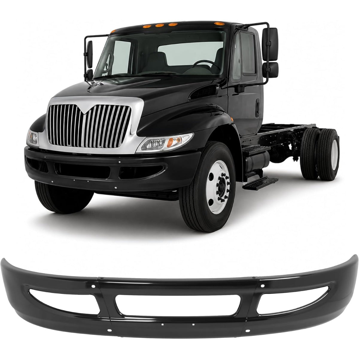 ALMULOO Front Bumper Heavy Duty Steel Compatible with 2002-2015 International 4200 4300 4400 Base 2008-2014 8600 TranStar Base 2013 Durastar Base Replacement for 3664017C3 Powder Coated Black