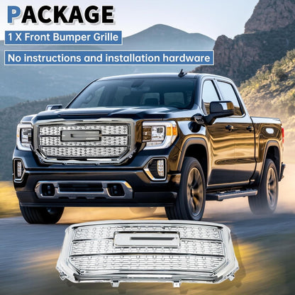 Front Upper Grille Compatible with 2016-2018 GMC Sierra 1500 Base SLE SLT Denali Style Chrome Bumper Hood Grill Silvery