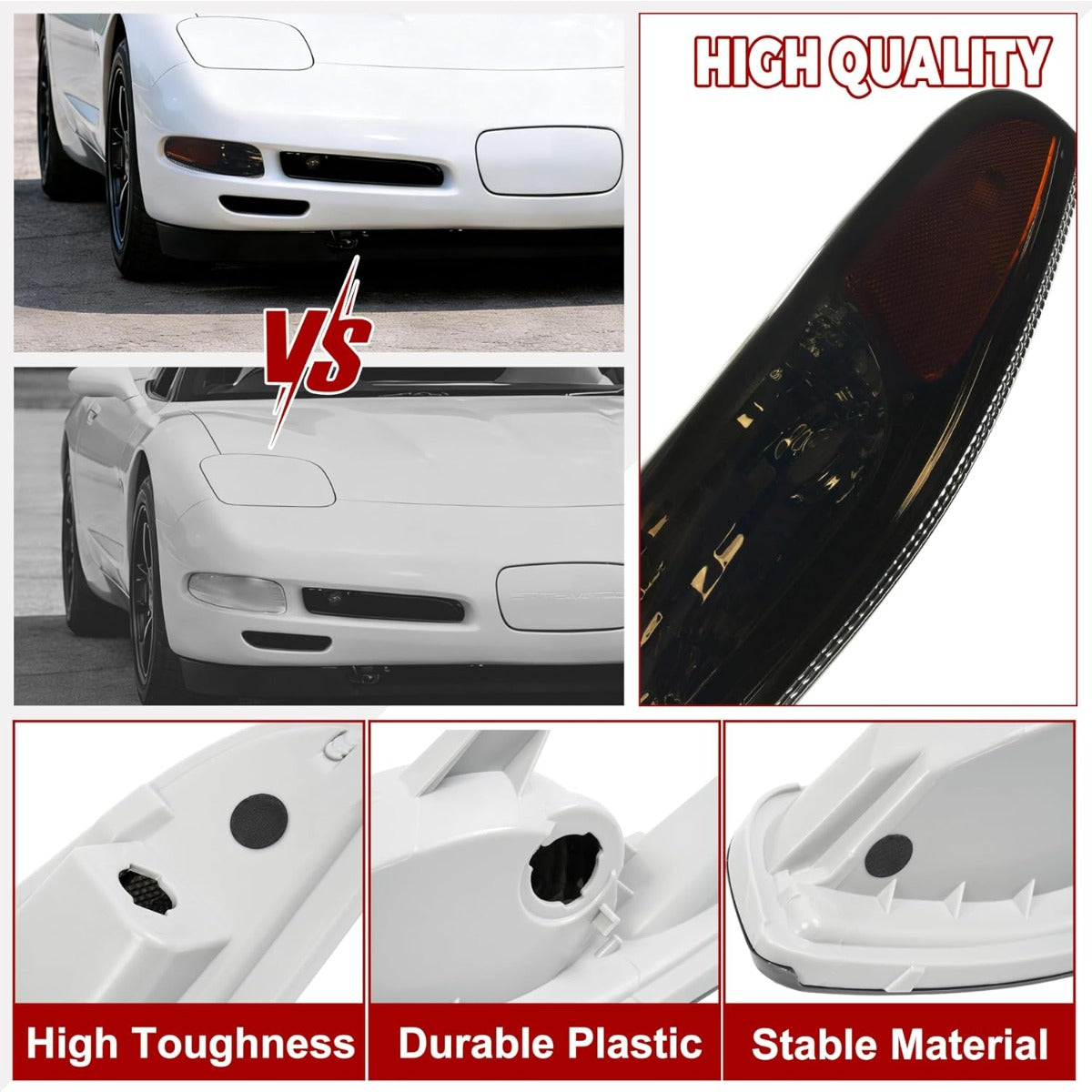 HECASA Pair Turn Signal Lights Compatible with 1997-2004 Chevy Chevrolet Corvette C5, Front Bumper Signal Lamps Replacement for GM2520186 GM2521186, Smoke Lens Chrome Housing Driver&Passenger Side