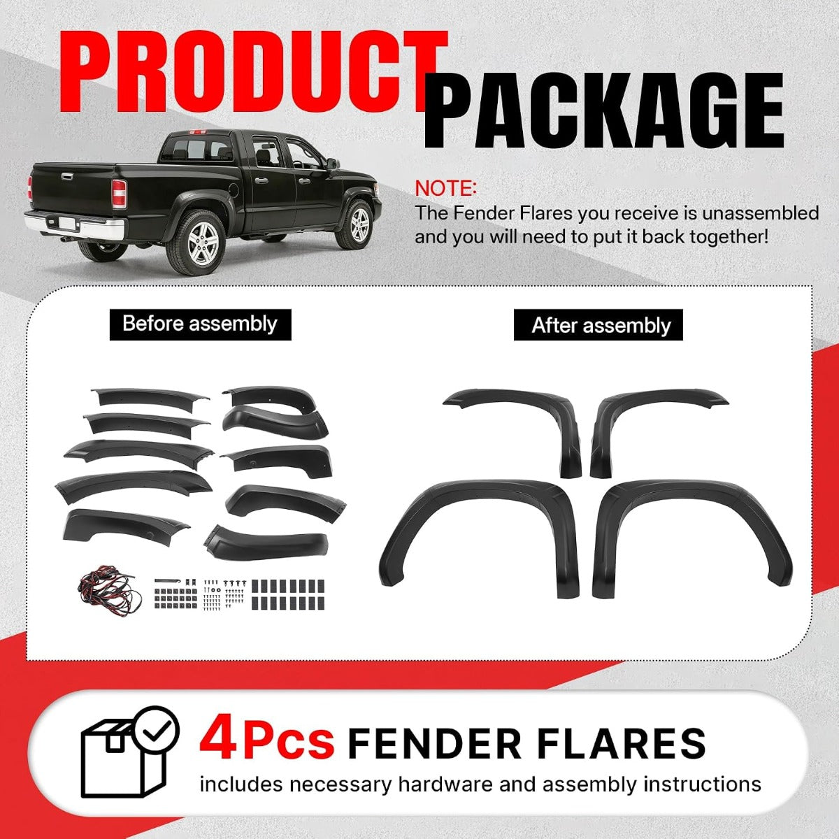 4Pcs Fender Flares Set Compatible with 2005-2011 Dodge Ram Dakota Crew Cab Pickup Models Wheel Front & Rear Wheel Arch Cover Protector Plastic(PP) Textured Black