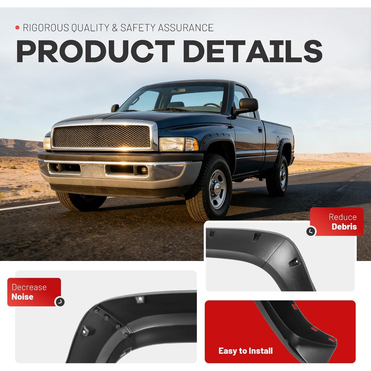 4Pcs Fender Flares Compatible with 1994-2001 Dodge Ram 1500 2500 3500 Wheel Arch Covers Plastic(PP) Textured Black