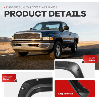 4Pcs Fender Flares Compatible with 1994-2001 Dodge Ram 1500 2500 3500 Wheel Arch Covers Plastic(PP) Textured Black