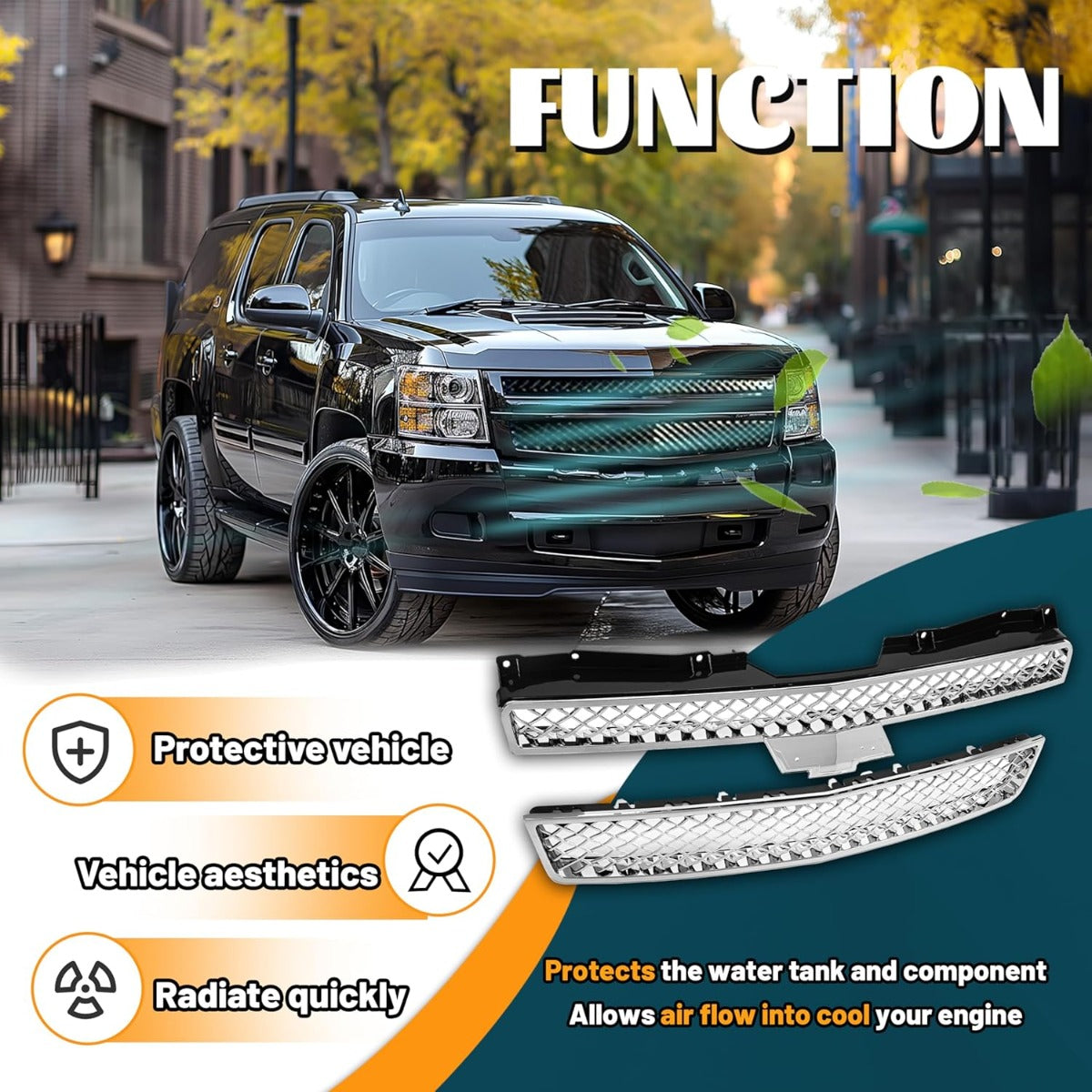 Upper & Lower Mesh Grille Compatible with 2007-2014 Chevy Chevrolet Avalanche Tahoe Suburban 1500 2500 Replacement for GM1200596 GM1200563 GM1200590 GM1200609 - Chrome Silvery