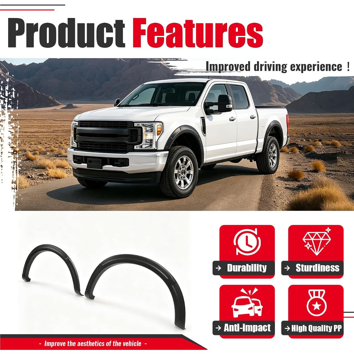 4Pcs Fender Flares Set Compatible with 2017-2022 Ford F-250/350 Super Duty Single Rear Wheel Front & Rear Wheel Arch Cover Protector Plastic(PP) Textured Black