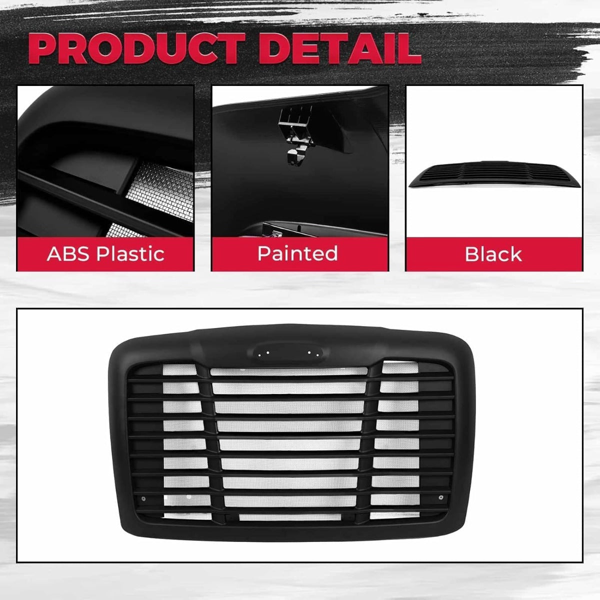 HECASA Front Grille Compatible with 2008-2017 Freightliner Cascadia Replacement for A1719112000 A1715624003 W/Bug Screen Grill Black Painted ABS Plastic