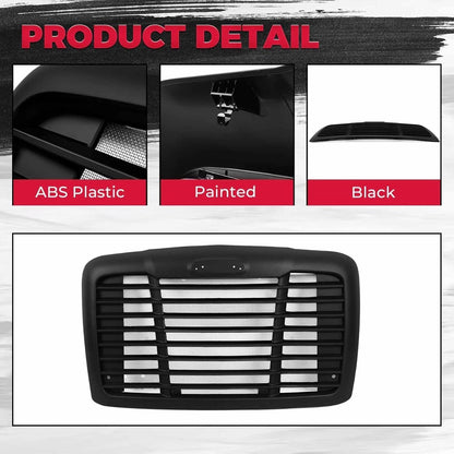 HECASA Front Grille Compatible with 2008-2017 Freightliner Cascadia Replacement for A1719112000 A1715624003 W/Bug Screen Grill Black Painted ABS Plastic