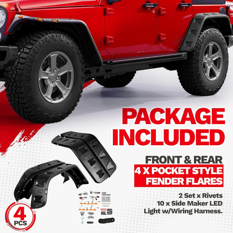 Fender Flares w/LED Side Maker Compatible with 2007-2018 Jeep JK Wrangler 2/4 Door Model Unlimited Rubicon Unlimited, Pocket-Riveted Style Smooth Matte Black Wheel Flares Cover 4Pcs LYAP-197