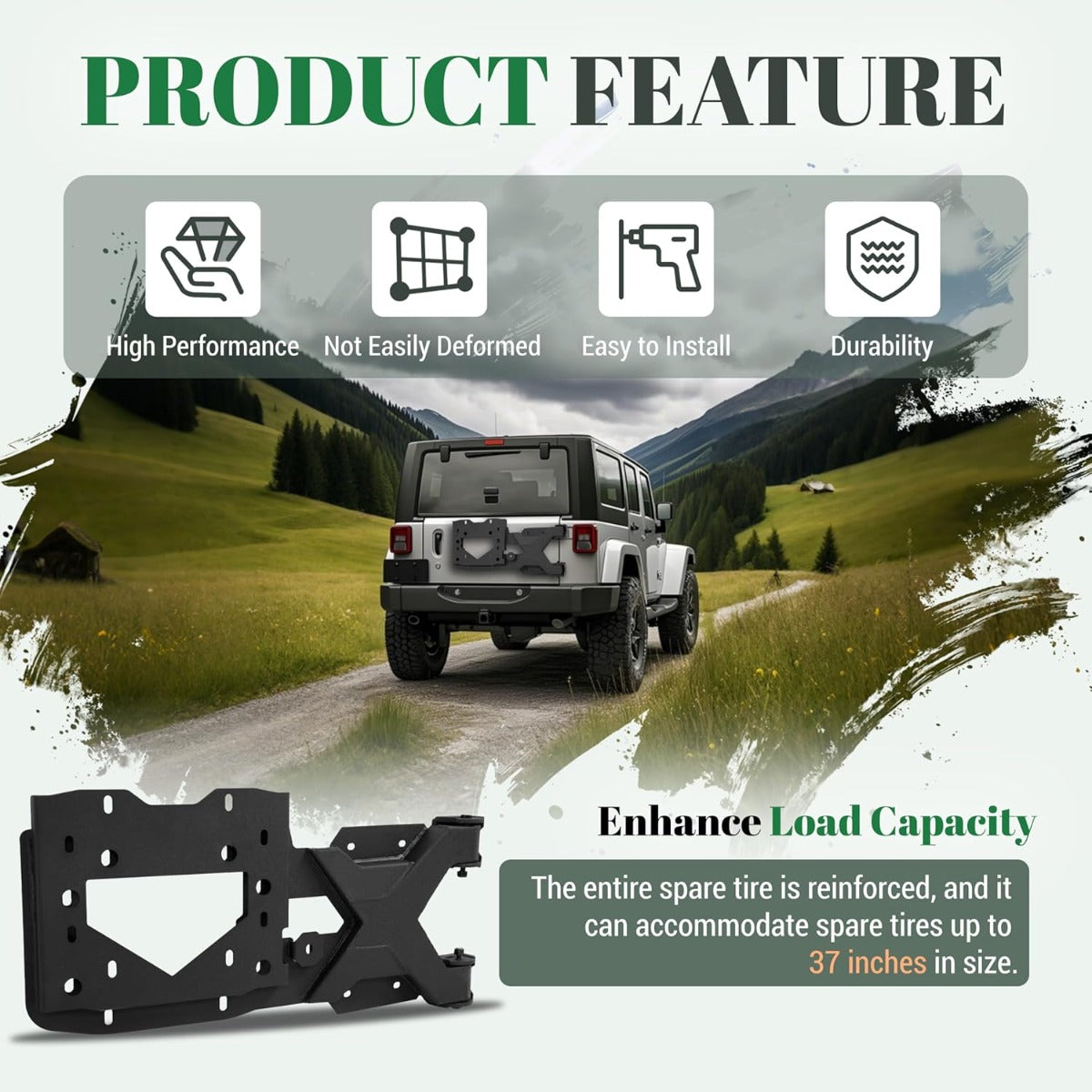 Spare Tire Carrier Up to 37 inches Spare Wheel Compatible with 2007-2018 Jeep Wrangler JK Steel Powder Coated Black