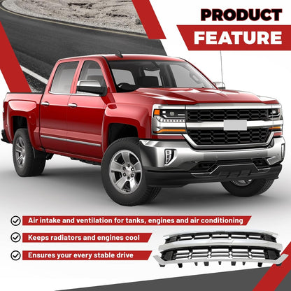 Upper Grille Compatible with 2016-2019 Chevy Chevrolet Silverado 1500 Replacement for GM1200753 84602489 84374378 Front Bumper Grill Silvery+Black
